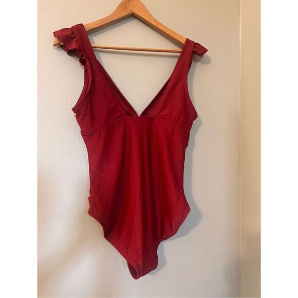Kona Sol Size M Ruffle Shoulder One Piece Swimsuit Maroon Red Plunge Neck Classy - Picture 5 of 6